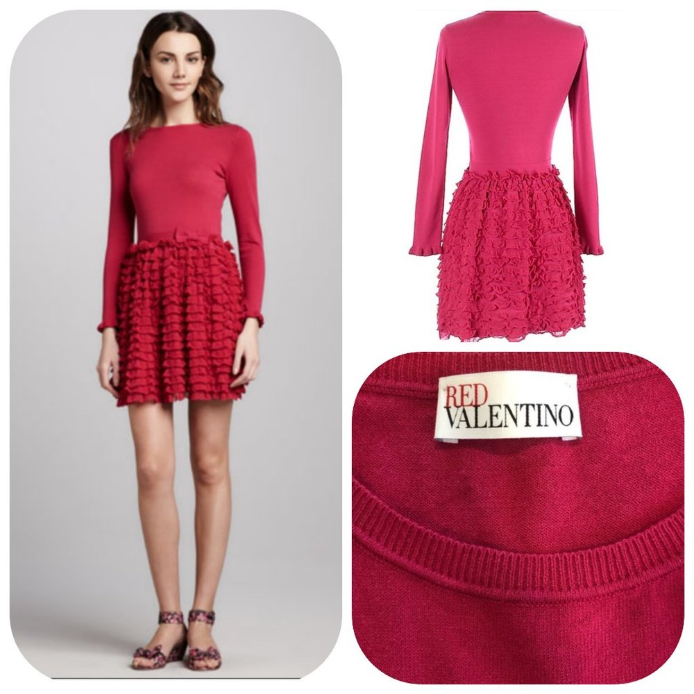 STUNNING RED VALENTINO KNIT RUFFLE DRESS Fuchsia